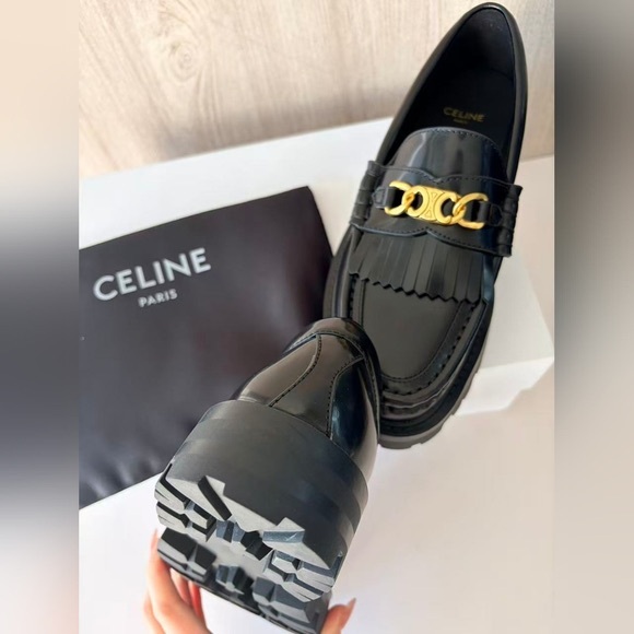Celine Black Leather Loafers with Gold Accent - Picture 7 of 8